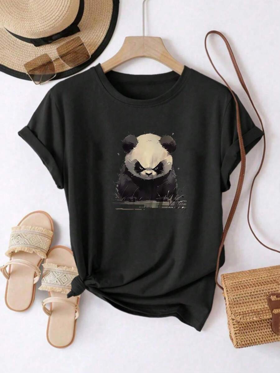 ¡Oferta por tiempo limitado, unidades limitadas, relámpago! Camisas casuales para mujer, camisetas de poliéster para mujer, camisas elegantes. Camiseta de manga corta estampada para mujer, casual, moderna, a la moda, con personalidad única, con estampado audaz de panda, estilo urbano, adecuada para primavera, verano y otoño - Negro - Ver 1
