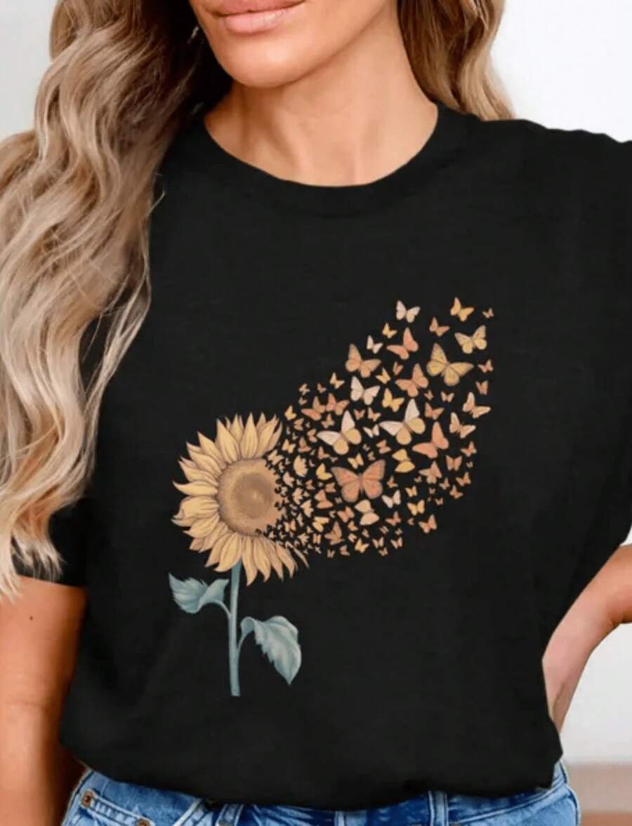 Camisa Suave de Girasol.Camiseta unisex de talla grande.Camiseta inspiradora.Patrón de camisa con flores - Negro - Ver 1