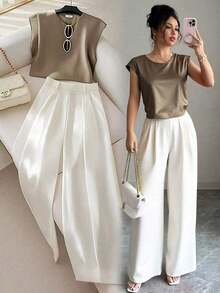 Conjunto de 2 piezas de top de cuello redondo elegante y pantalones plisados para mujer - Multicolor 3 - Ver 9