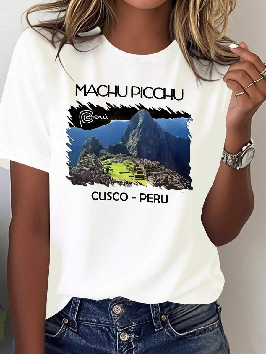 Women's Pure Cotton Printed T-Shirt, Featuring Machu Picchu, Peru, Casual Short-Sleeved Blouse, Comfortable And Versatile For Women. - 白色 - 查看 1