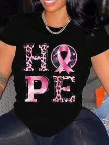 Limited Time Offer, Limited Quantity Available, Flash , Women's Shirts, Women's T-Shirts. Women's Plus Size Short Sleeve Sports T-Shirt HOPE With Pink Ribbon - 黑色 - 查看 8