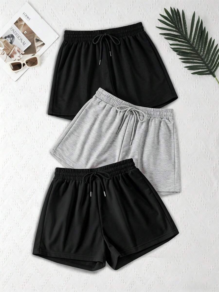 3 Peças Shorts Esportivos de Cintura Elástica Cor Sólida - Multicolorido - Visão 1