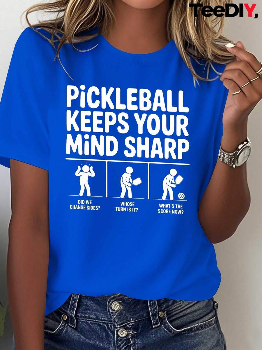 Camiseta de verano para mujer con estampado mixto de pickleball, cómoda y versátil, de manga corta, blusa casual para mujer. - Azul - Ver 1