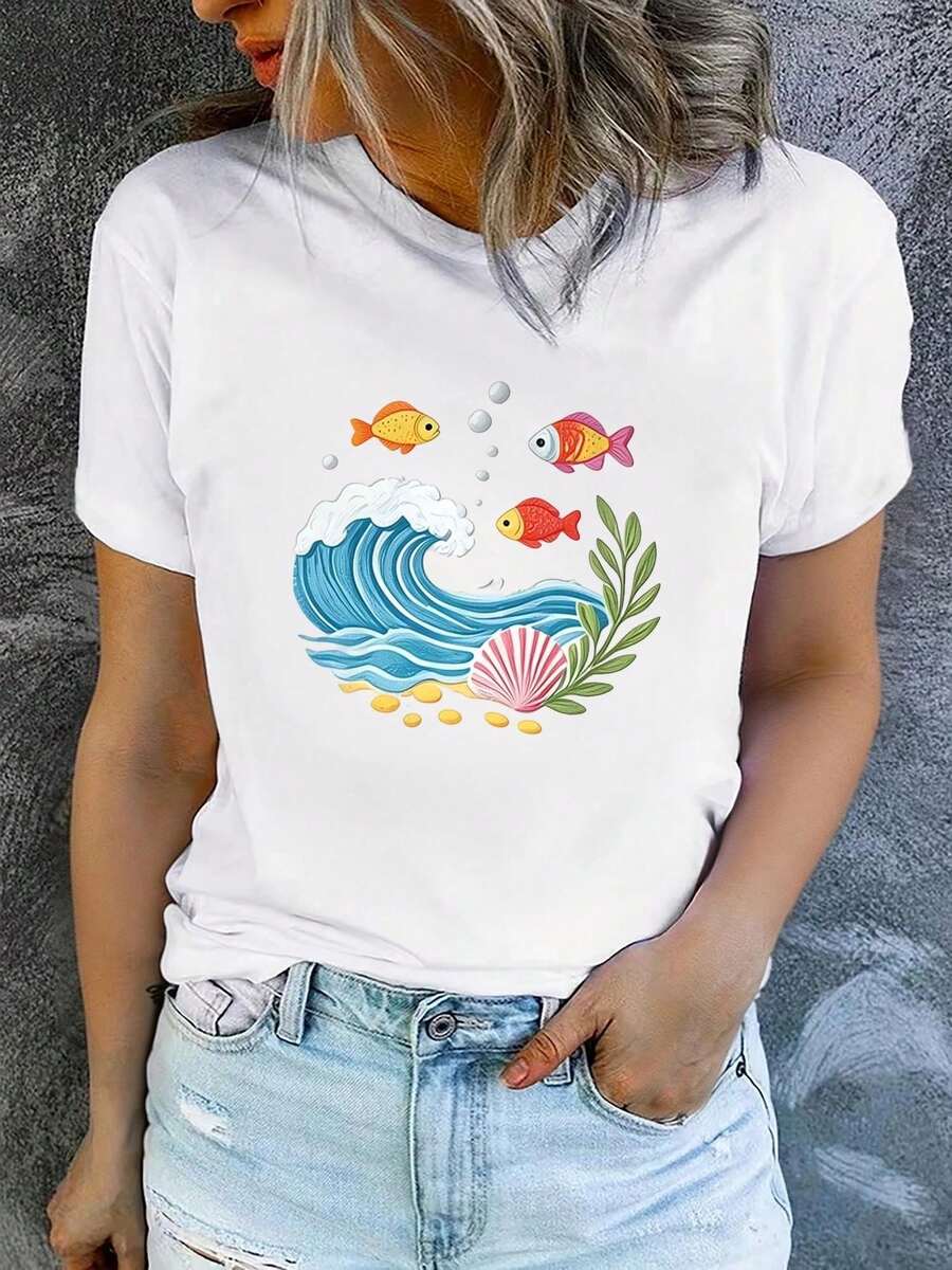Camiseta de manga corta estampada para mujer con cuello redondo, moderna y casual, lavable a máquina, ajuste cómodo, estampado plano 2D, Blusas Para Mujer Casual 2D. - Blanco_08 - Ver 1