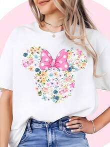 Hermosas camisetas de mujer con estampado floral, elegante camiseta de manga corta con diseño de flores, camiseta gráfica estética, una dulce opción de regalo para damas, atuendo casual suave y versátil, ropa ideal para vacaciones en familia y ocio diario. - Blanco - Ver 1