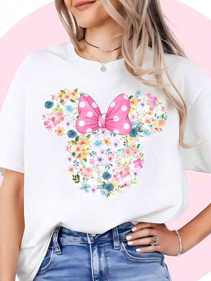 Hermosas camisetas de mujer con estampado floral, elegante camiseta de manga corta con diseño de flores, camiseta gráfica estética, una dulce opción de regalo para damas, atuendo casual suave y versátil, ropa ideal para vacaciones en familia y ocio diario. - Blanco - Ver 1