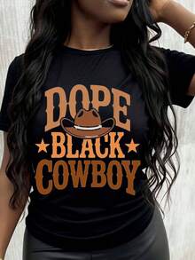Women's Denim T-Shirt, Fashion Graphic Design, Western Style, Unisex Casual Clothing, Loose Fit T-Shirt For Women - 黑色 - 查看 7