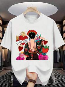 Camiseta de Algodón 100% para Hombre - Manga Corta, Cuello Redondo, Estampado Digital, Cómoda para Todas las Estaciones, Lavable a Máquina, Ideal para Salidas Diarias, Cuello Redondo, Diseño Circular, Camiseta Casual de Verano Tshirt Muscle Freaks Frida Corazones estilo Arte Mexicano Folk-Soft FabricPure-Cotton - Blanco - Ver 8