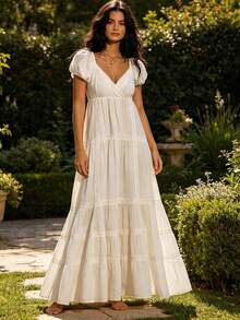 Women's V Neck Long Dress Fashionable Solid Color Lace Patchwork Short Puff Sleeve Flowy Dress - White - View 3
