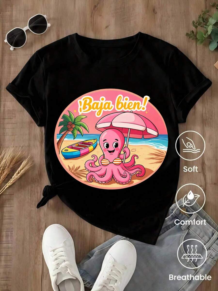 Camiseta de manga corta de moda para primavera y verano de 2026, hecha en México, 180 gramos. Estampado de dibujos animados, modelo de pareja, apta para uso interior o exterior. Cuello redondo, unisex, ideal para oficina y ocio. Paquete de una pieza. - Negro - Ver 1