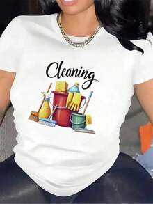 Camiseta de cuello redondo diseñada para limpiar en la cocina o la sala de estar, con un diseño resistente y estampado gráfico, perfecta para las tareas del hogar, hecha de tela ligera y cómoda para uso diario. Camiseta casual de talla estándar para mujer, transpirable, ligera, de manga corta. Blusas para mujer casual. - Blanco - Ver 7