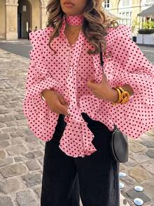 Women's Casual Sexy Heart Print Contrast Color Front Button Ruffle/Frill Hem Blouse For Home Wear - Watermelon Pink - View 2