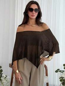 2026  Chal elegante de estilo bohemio para vacaciones de mujer, jersey holgado de punto sin hombros con bajo asimétrico, parte superior ligera de protección solar - Café integral - Ver 5