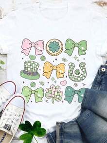 ModernTeacher St. Patrick's Day T-Shirt, Lucky Teacher T-Shirt, T-Shirt With Bows And Shamrocks, Casual Crew Neck T-Shirt For Women, Casual Wear - 白色 - 查看 6