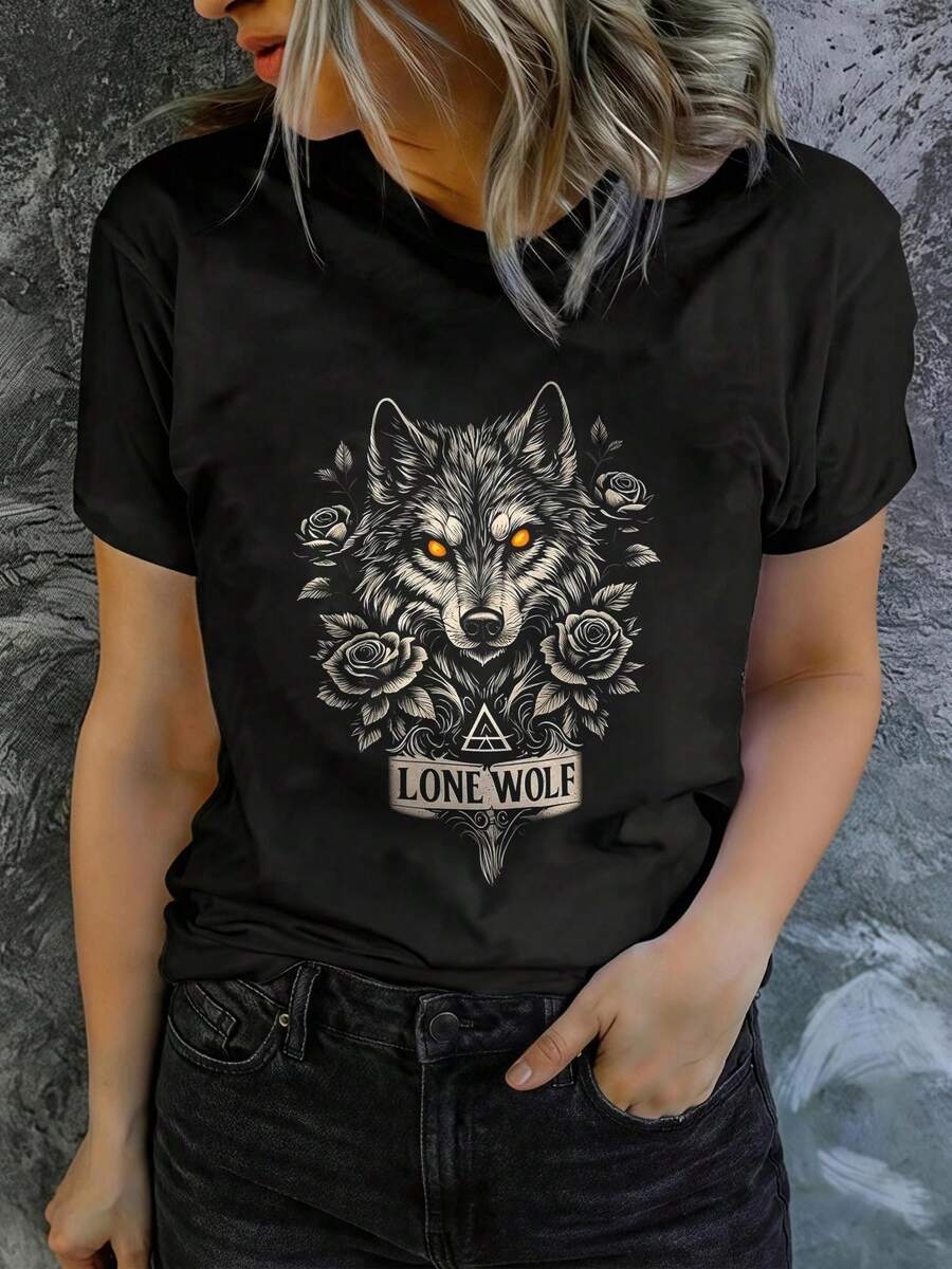 Women's Printed Short-Sleeved T-Shirt With A Round Neck, Modern And Casual, Machine Washable, Comfortable Fit. Casual Blouses For Women. - 黑色_06 - 查看 1