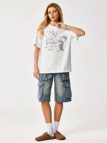 1 pieza MONOPOLY X 356T Camiseta Casual Holgada para Mujer con Estampado de Frases y Dibujos Animados, Cuello Redondo, Manga Corta, 180g 100% Algodón - Blanco - Ver 7