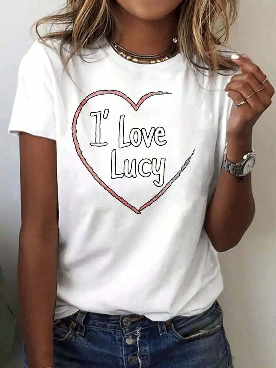 Camiseta Blanca Casual para Mujer con Estampado de Corazón con la Frase 'I Love Lucy', Perfecta para Uso Diario, Transpirable y Cómoda - Blanco - Ver 1
