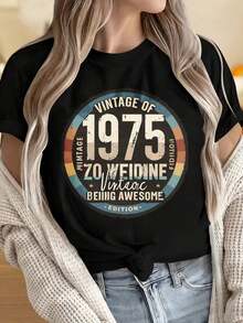 Camisetas para Mujer y Hombre con Cuello Redondo y Mangas Cortas, Edición Vintage de 1975, 50 Años de Genialidad, Camiseta para Mujer, Regalo de Cumpleaños, Camiseta de Cumpleaños de 1975, Regalo de 50 Aniversario para Ella, Estilo Retro, Camiseta Unisex, Estampados Divertidos, Adecuada para Fiestas de Navidad, Actividades Deportivas, Fiestas de Vacaciones, Salidas, Deportes y Otros Regalos Festivos. - Negro - Ver 4