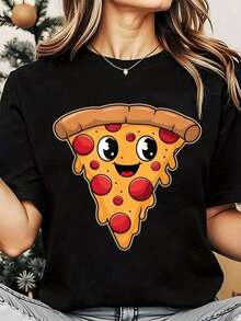 Camiseta de Mujer con Estampado de Rebanada de Pizza, Cuello Redondo, Casual, Uso Diario, Suave y Cómoda, para Vacaciones, 220g, Playera Holgada para Mujer - Negro - Ver 7