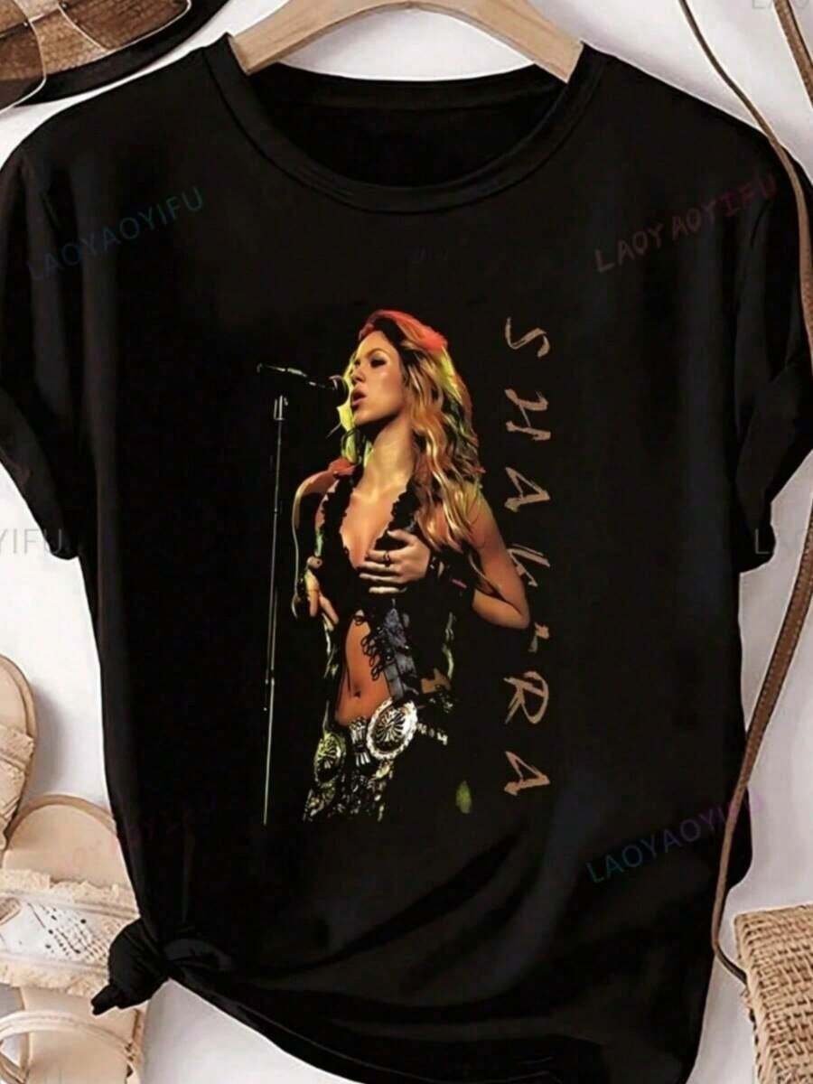 Singer's Printed T-Shirt, Harajuku Style, Neutral, Short Sleeve, Unisex, With Graphics, Plus Size. - Hitam 2 - View 1