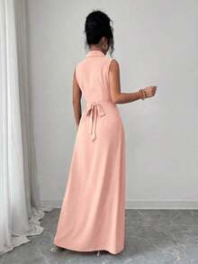 Vestido de línea A con cintura ceñida, cuello redondo y sin mangas, elegante y romántico para vacaciones de verano de mujer - Blanco - Ver 2