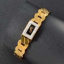Vòng tay Cuban bằng thép không gỉ mạ vàng 18K, đính đá Cubic Zirconia, trang sức không bị xỉn màu dành cho nam giới, thích hợp đeo hàng ngày và dự tiệc. - Vàng - Xem 5
