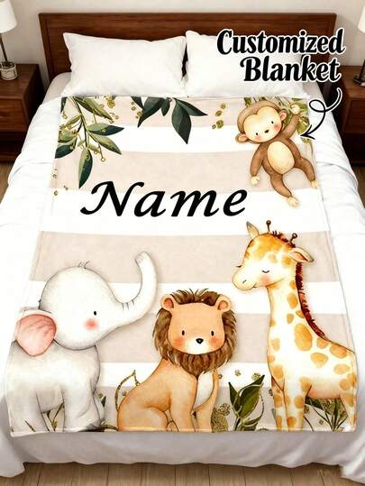 Customized Numeric Print Fleece Blanket, Neutral Color Wild Animal Flannel Throw Blanket, Personalized Soft & Comfortable Watercolor Jungle Lion Elephant Giraffe Monkey Pattern, Lightweight Flannel Blanket For Baby, Kids, Adults, All Seasons, Customized Gift For Boys And Girls