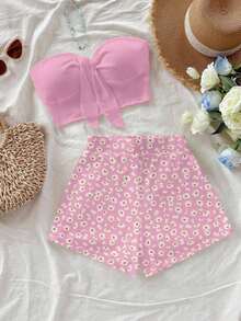 Conjunto de 2 piezas de mujer con estampado floral minimalista azul marino, adecuado para vacaciones, conjunto de 2 piezas con estampado de margaritas para el verano - Rosa - Ver 4