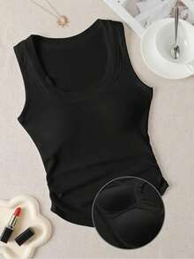 Top informal de tirantes con forro acolchado y ajuste ceñido de unicolor para mujer - Negro - Ver 8