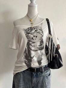 Camiseta casual de mujer con estampado de gato y hombros descubiertos de manga corta - Negro 2 - Ver 5