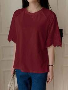 Camiseta casual de ciudad elegante de manga corta con parches de encaje para mujer - Rojo - Ver 4
