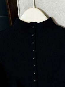 Suéter de mujer de punto con cuello alto, diseño de botones, sin mangas, suelto y casual, color rojo, para primavera/otoño - Negro - Ver 4