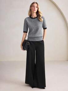 Suéter de punto jacquard con contraste de color gris para mujer, camiseta casual de manga larga para el transporte urbano, negocios, elegante - Gris - Ver 7
