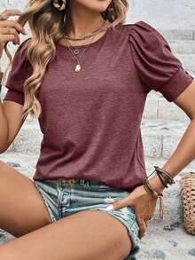 Camiseta Casual De Mujer De Manga Corta Con Cuello Redondo Y Un Solo Color Sólido - Color caoba - Ver 3