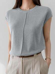 -Less Camiseta informal de manga corta con parches de unicolor para mujeres, estilo casual de negocios de verano - Azul - Ver 6