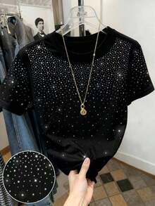 Camiseta de manga corta con cuello redondo, bordado de lentejuelas en forma de lazo, estilo minimalista de moda, regalo para amigos - Negro - Ver 5