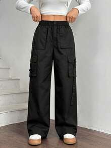 ALO FASHION Women's Casual Wide-Leg Cargo Pants, Long Black Stretchy Loose-Fitting Pants With Multiple Pockets, Perfect For A Comfortable Bohemian Chic Style. - 黑色 - 查看 1
