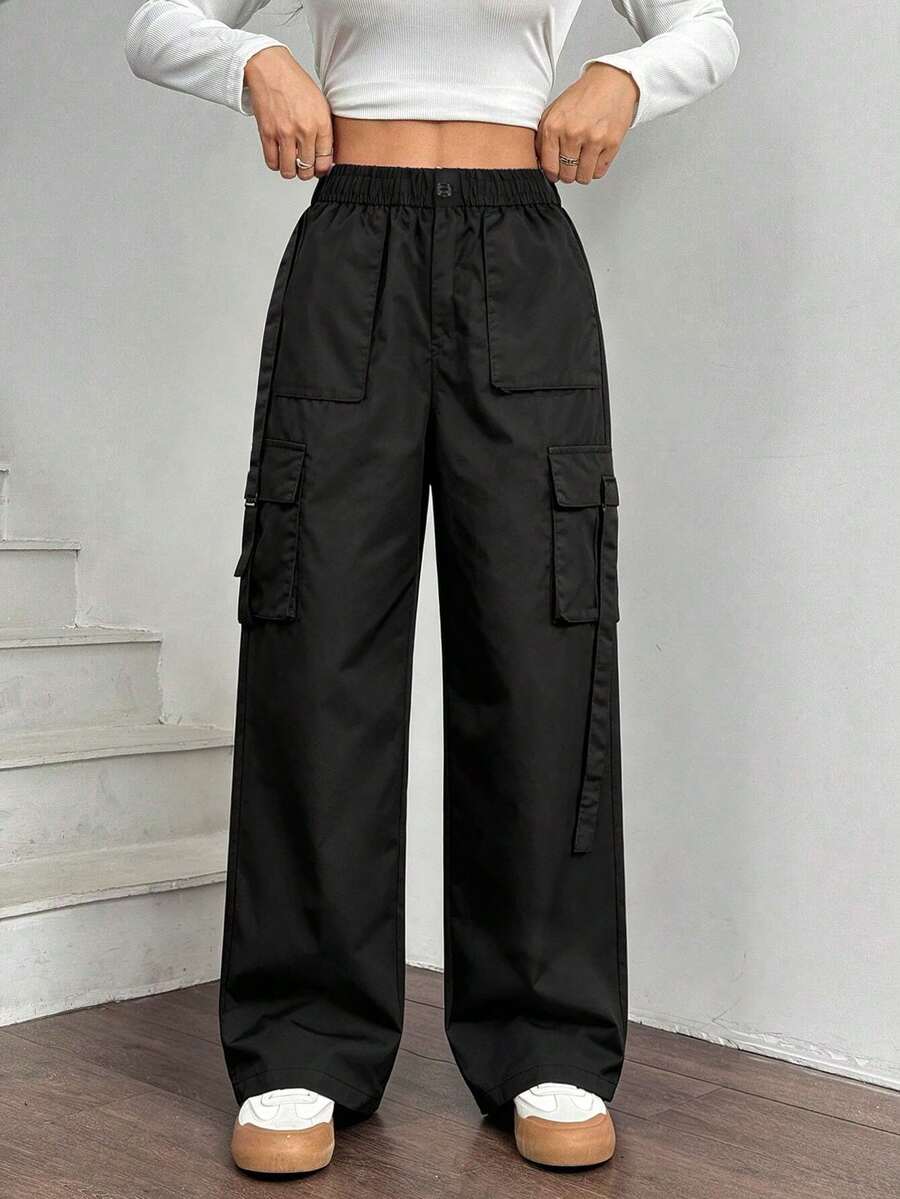 ALO FASHION Women's Casual Wide-Leg Cargo Pants, Long Black Stretchy Loose-Fitting Pants With Multiple Pockets, Perfect For A Comfortable Bohemian Chic Style. - 黑色 - 查看 1