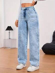 ALO FASHION Pantalones vaqueros informales de mezclilla de pierna ancha y lavado claro para mujer, de talle alto y largo estilo gran elasticidad. - azul real - Ver 5