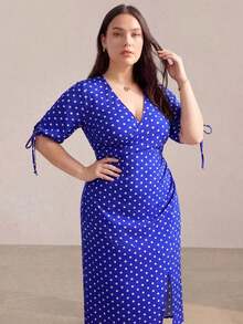 ELLERISSA Vestido midi envolvente con mangas abullonadas elegantes para mujer, vestido ajustado de lunares azules con cuello en V, vestido formal, vestido de fiesta, vestido de trabajo, vestidos talla grande para mujer, atuendos de oficina, atuendos de vacaciones para mujer, vestido midi, ropa formal para ocasiones - Multicolor - Ver 4