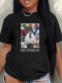 Camiseta de manga corta de poliéster con estampado de capibara, ligera y duradera, adecuada para el hogar, la oficina o para uso casual al aire libre. Diseño divertido con estampado de animales, que combina comodidad diaria y moda. - Negro - Ver 1
