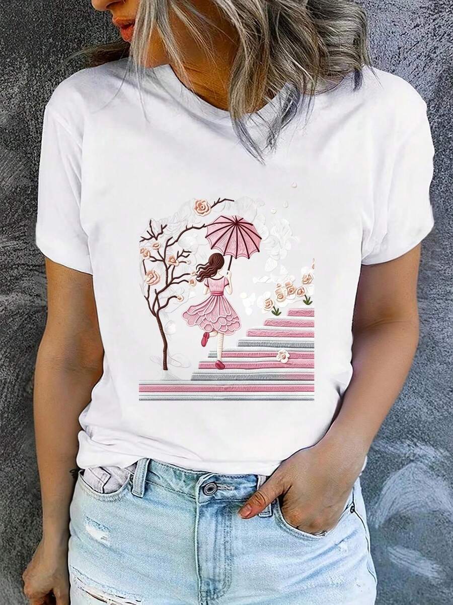 Camiseta de Verano de Manga Corta para Mujer, Estampada, Moderna y Casual, Lavable a Máquina, Ajuste Cómodo con Estampado Plano 2D. TRYY - Blanco_02 - Ver 1