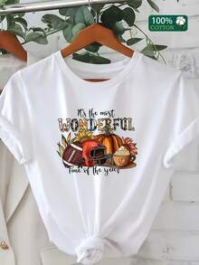 Women's Size One-Piece T-Shirt, 100% Cotton With Turkey Design - Short-Sleeve Crew Neck Knit T-Shirt For Thanksgiving Season, Casual All-Season Fabric With Ribbed Collar And Cuffs, American Team Fan Apparel, Autumn-Themed Pumpkin And Turkey Design, Machine Washable, Unlined, Suitable For Everyday Wear And Game Days, Festive Wear, Breathable Material, Durable Construction - Unisex Short-Sleeve Crew Neck Loose Cotton T-Shirt, Urban Vintage Style. - 白色 - 查看 2
