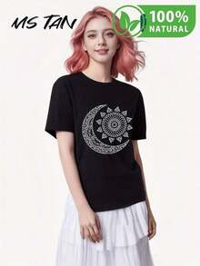 Camiseta negra moderna para mujer con diseño exclusivo de sol y luna  100% algodón ideal para cualquier temporada  2023 estilo casualística para todos tus eventos ¡No te quedes sin esta prenda única en México! - Negro - Ver 1