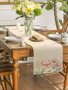 1 Pc Wisteria Hummingbird Tulip Lily Printed Linen Table Runner Farmhouse Style Rectangular Heat Resistant Table Decor For Spring Easter Kitchen Dining Party - Beige - View 4