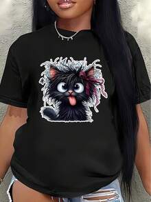 Camiseta de manga corta, decorada con lindos diseños de gatos, ligera y duradera, adecuada para el hogar, cafeterías o actividades de ocio al aire libre, cómoda y ajustada para el uso diario.blusa casual mujer - Negro - Ver 7