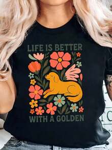 Camiseta de cuello redondo con estampado floral de "La vida es mejor con un perro dorado", ropa casual para mujer.blusa casual mujer - Negro - Ver 2