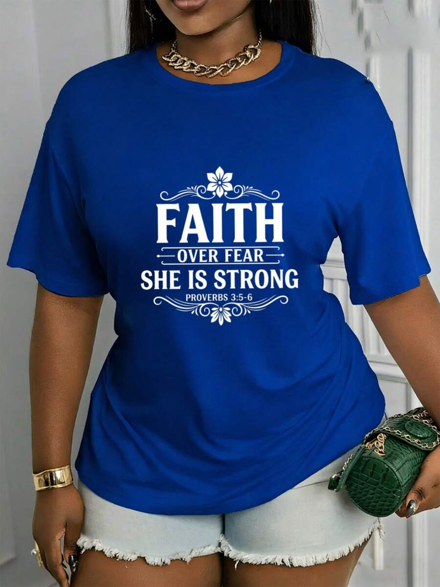 Nueva colección 2026: Camiseta de algodón con diseño 'Faith Over Fear', elasticidad media, lavable aáquina, moderna y versátil, estilo de cuello redondo, adecuada para el vestuario de primavera y verano, camiseta de manga corta, camiseta casual de manga corta. - Azul - Ver 1