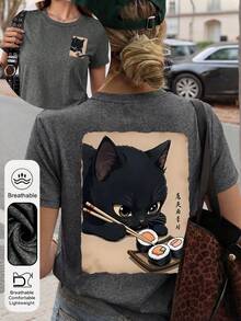 3件套加大码夏季新款休闲可爱猫咪吃拉面和寿司印花组合，简约圆领短袖黑色、杏色和深灰色T恤 - 黑色和杏色和深灰 - 查看 5