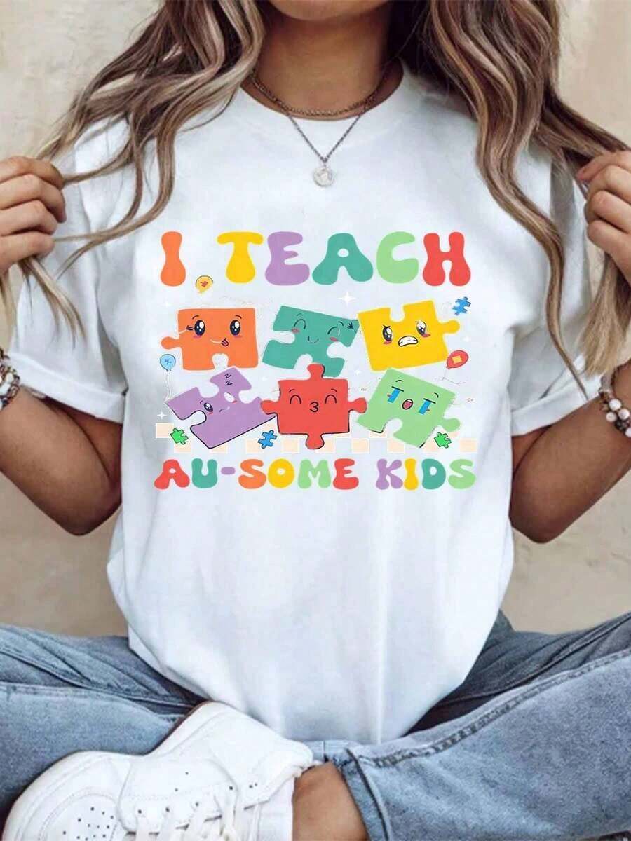 "I Teach Au Some Kids Awareness Puzzle Piece" Teacher T-Shirt For Special Education Teachers And Caregivers, Perfect Gift For World Awareness Day And School Events, 220g - Urban Vintage Style, Unisex, Loose Cotton Short Sleeve Crew Neck T-Shirt, 100% Cotton. - 白色 - 查看 1